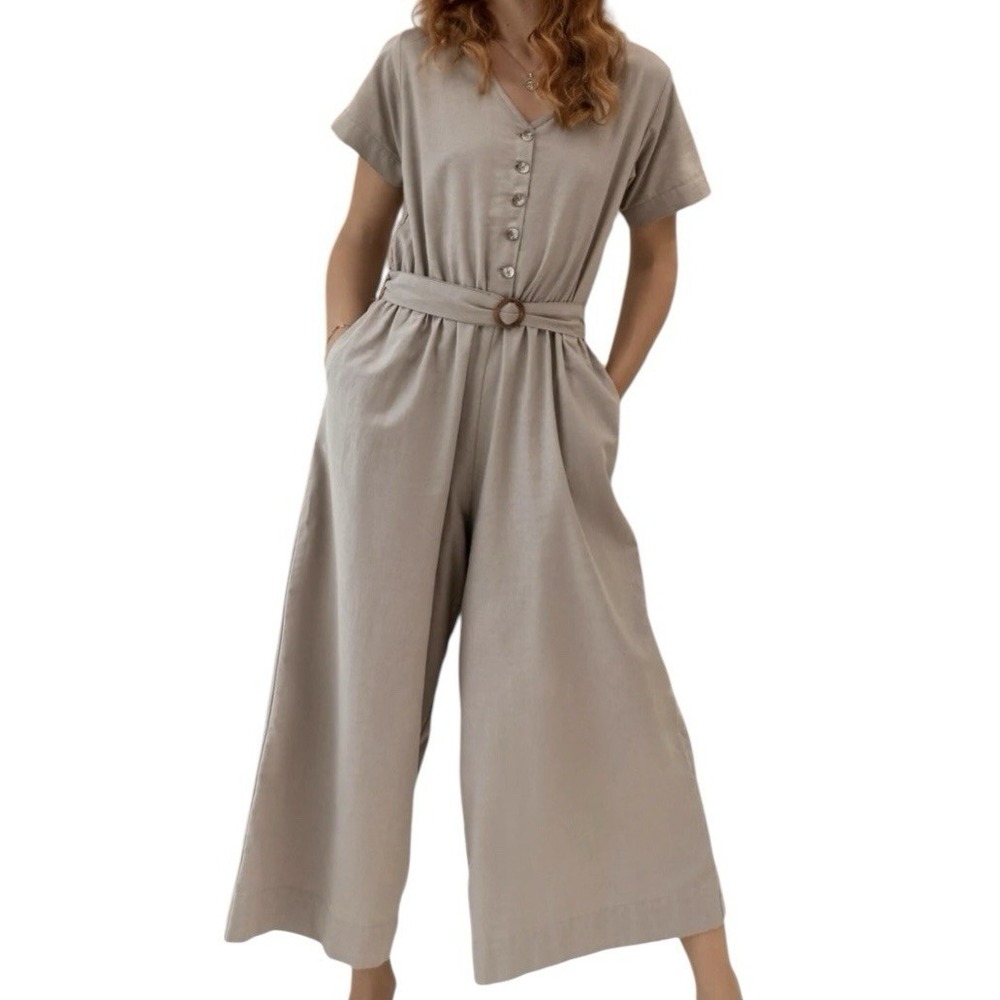 New BALILN Bali Lane Wide Leg Jumpsuit Women's Médium‎ 100% Linen Short Sleeve